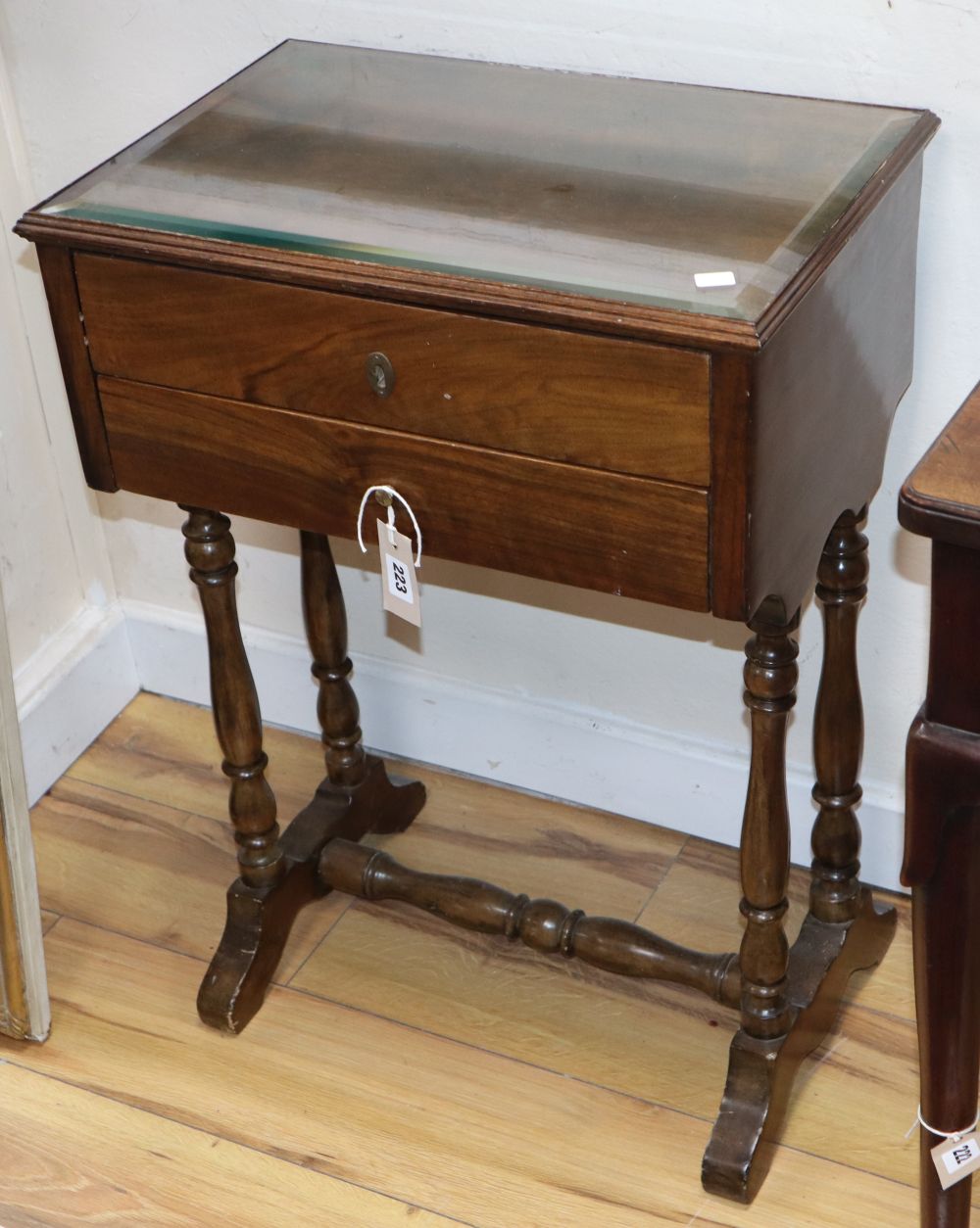 A 19th century French walnut work table, W.50cm